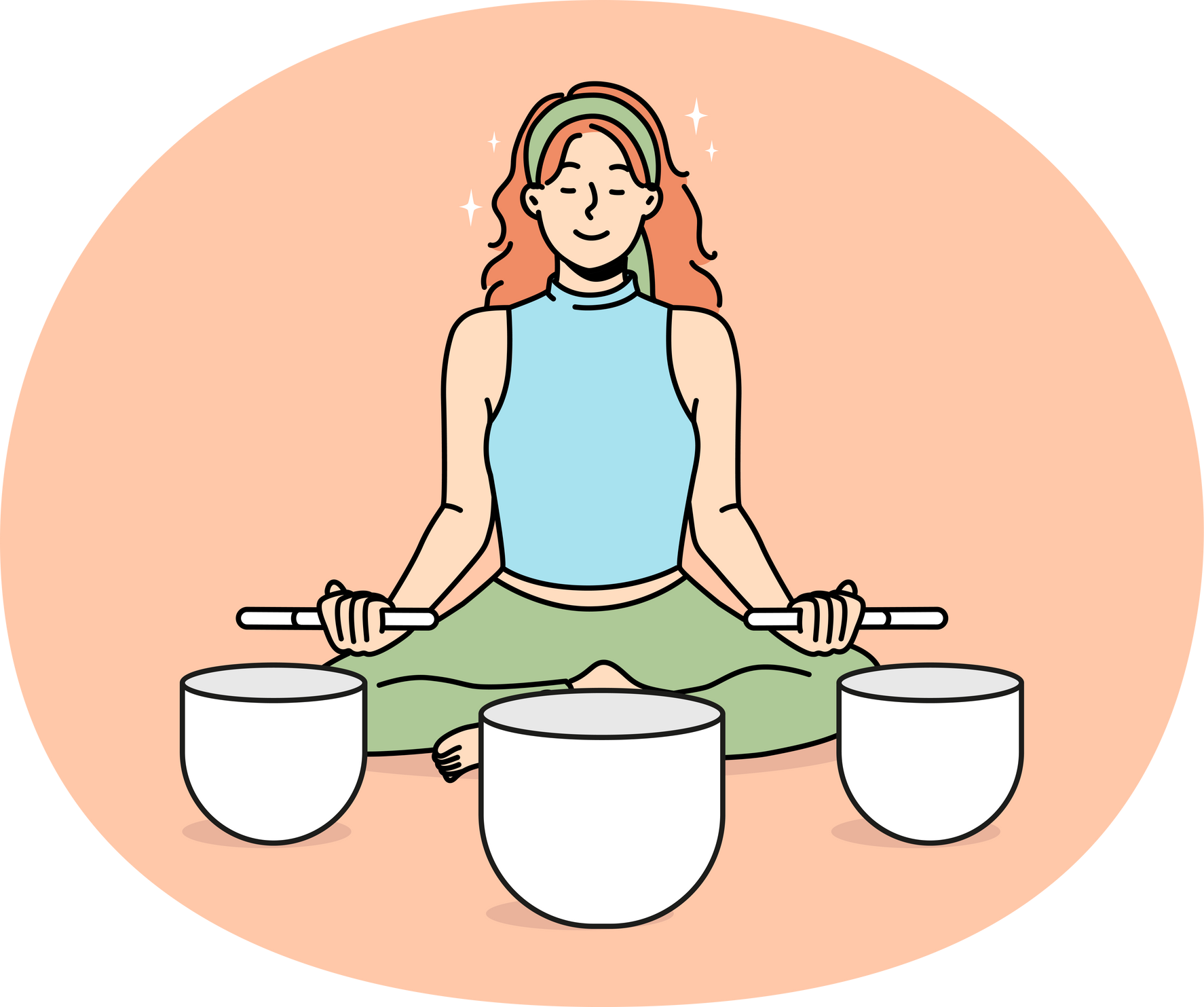 Calm Woman Sit in Lotus Pose Meditate with Singing Bowls. Relaxed Female Engaged in Meditation with Himalayan Bowls. Stress Relief Concept.